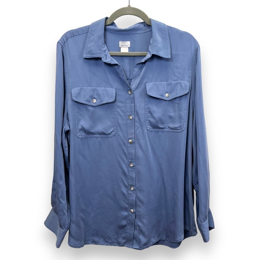 Chico's Women's XL Sandwash Blue Modal Stain Easy Button Down LS Shirt